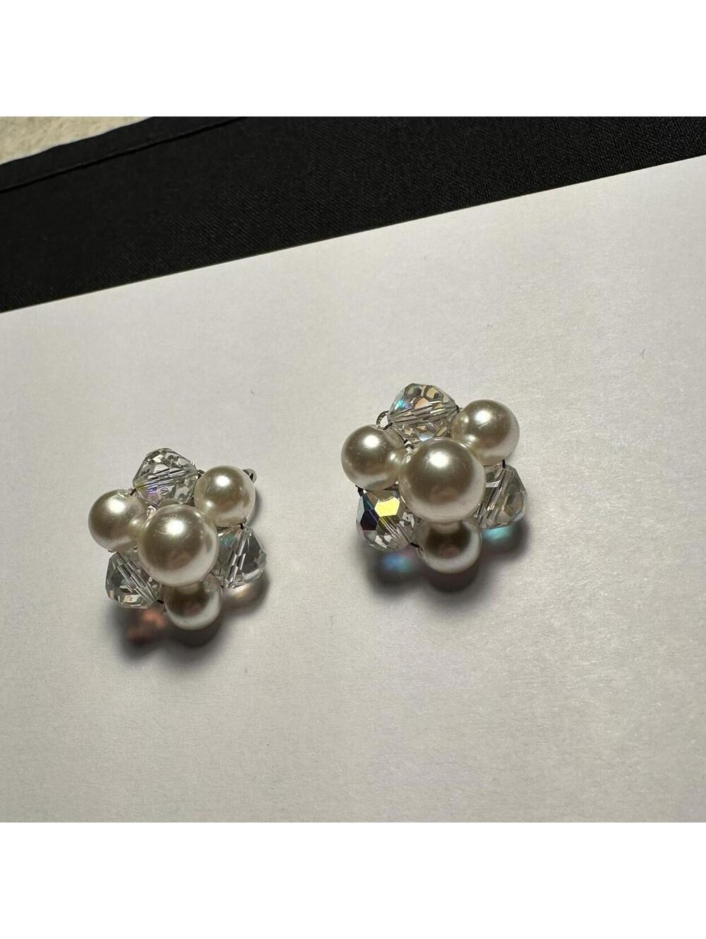 Vintage Laguna Faux Pearl & Crystal Bead Cluster Silver Tone Clip On Earrings